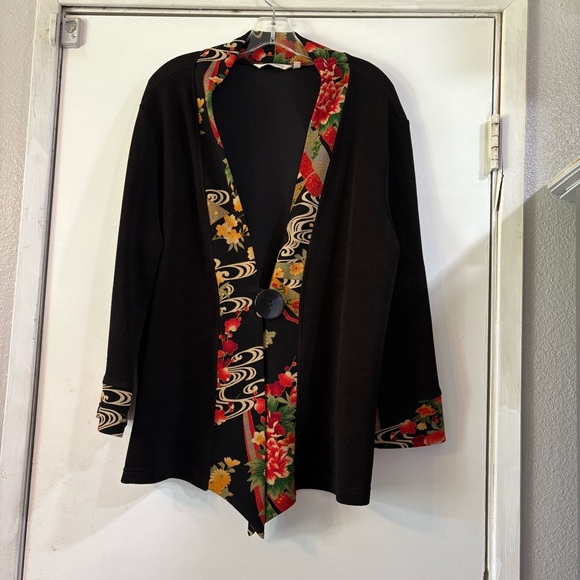 Soft Surroundings Cardigan Blazer Jacket Black Asian Theme Trim Kimono XL Funky - Picture 1 of 7